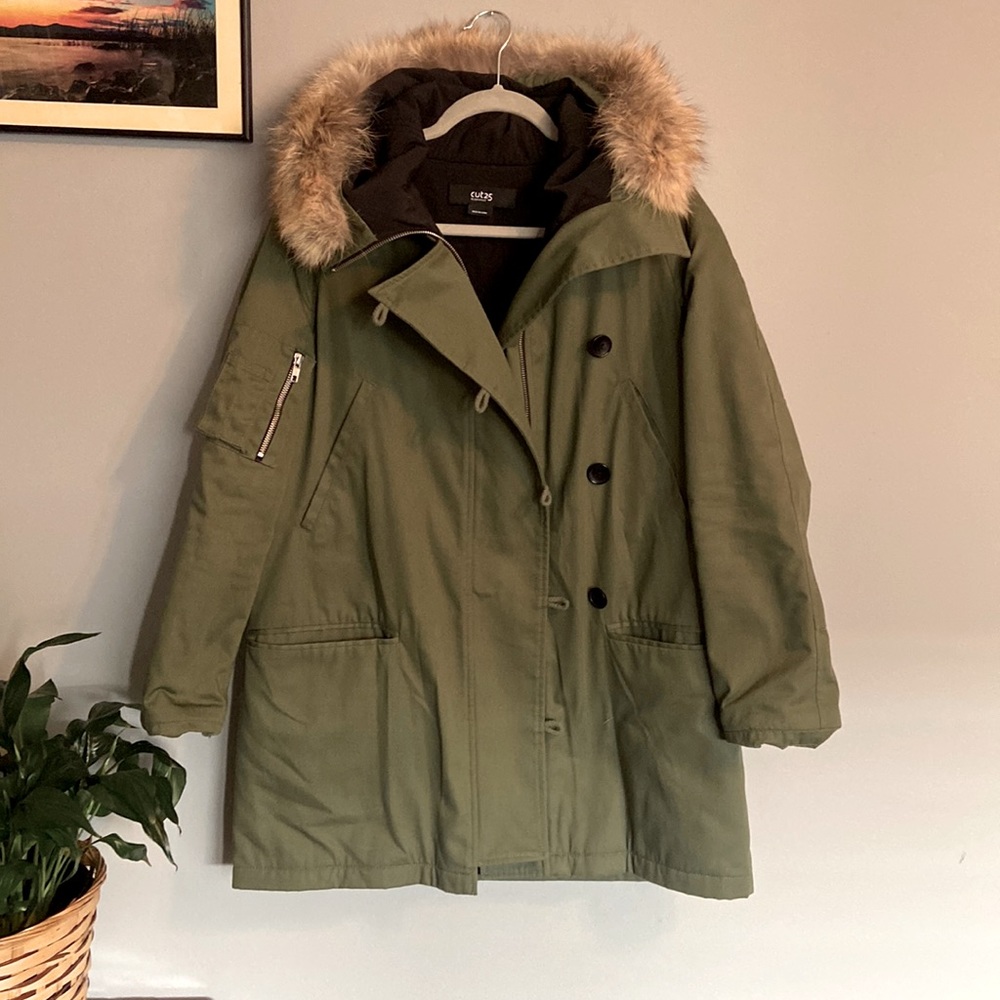 Cut 25 by Yigal Azrouel Olive Green Anorak Coat 100% Coyote Fur Hood - Picture 3 of 15